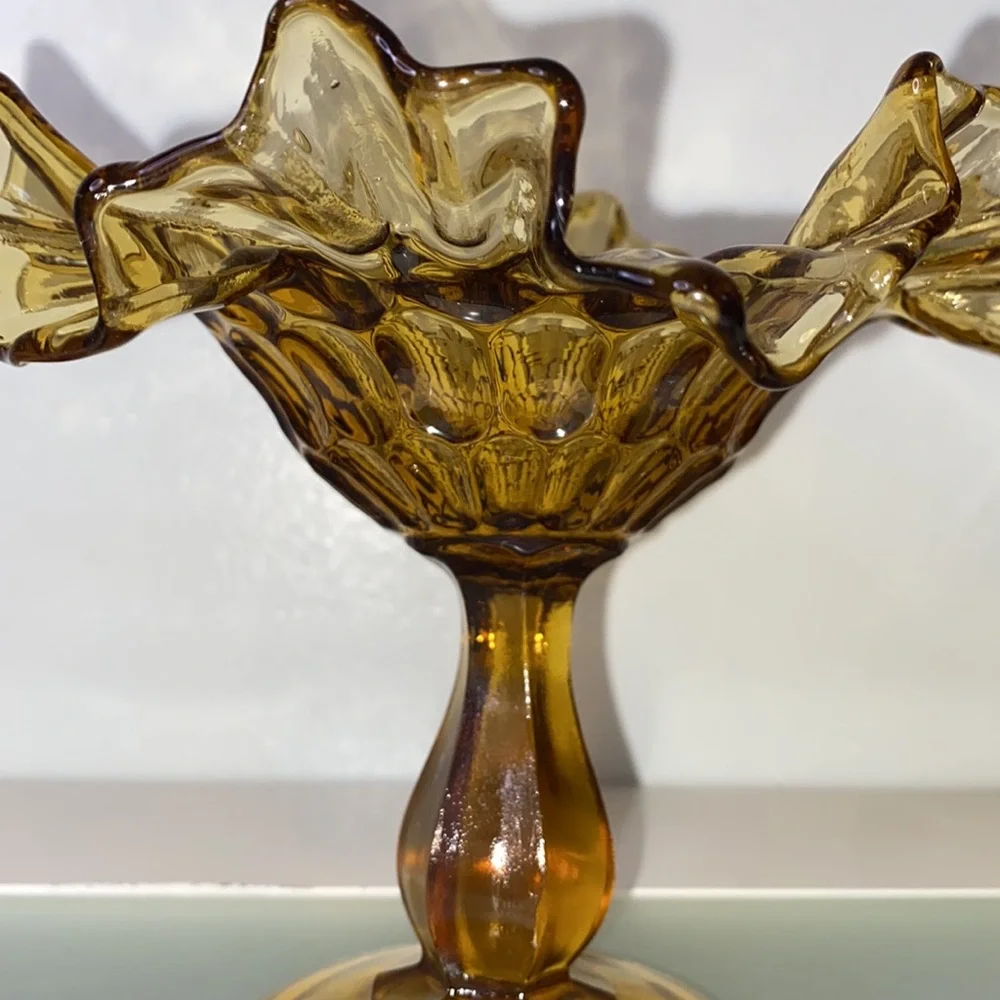 Vintage Fenton Colonial Thumbprint Amber Art Glass Footed Comote Candy Dish